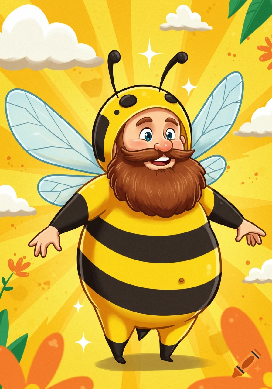 Cartoon of a fat man with a beard wearing a bee costume