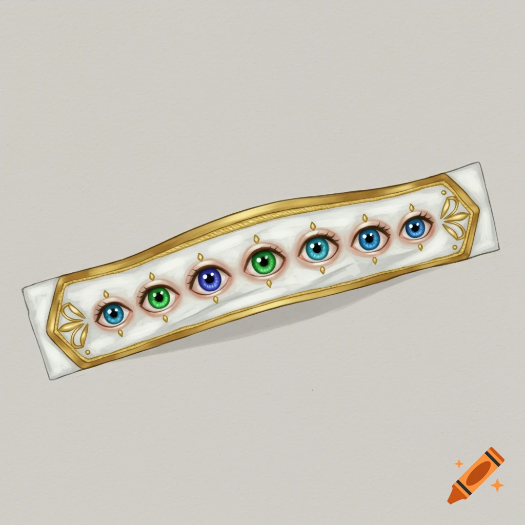 Illustration of a white band with gold trim featuring multiple green, blue, and purple eyes in a line.
