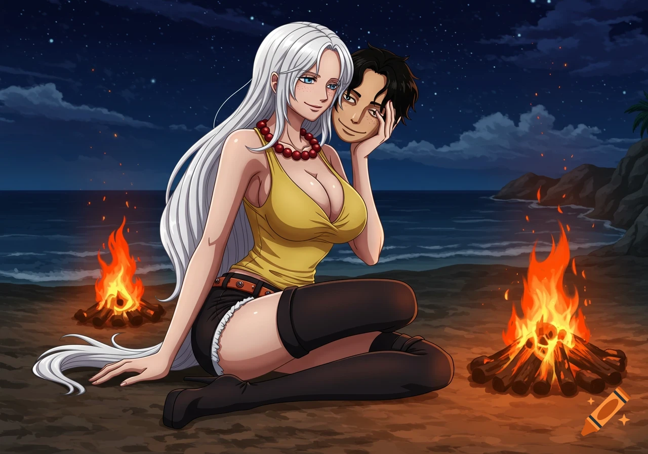 Anime art of a white-haired woman in a tank top on a beach by fire, holding a man's face.