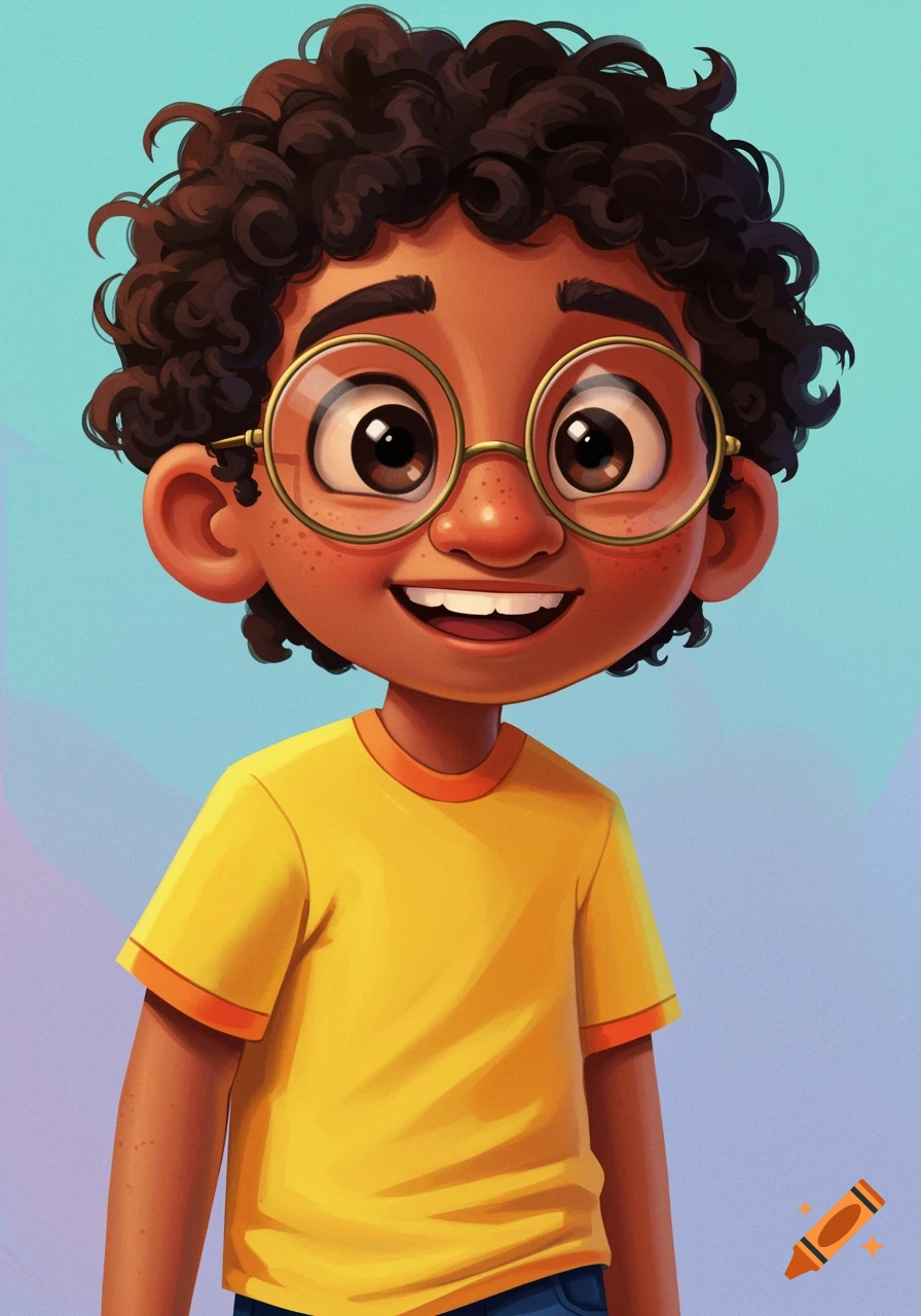 Stylized illustration of a smiling young boy with curly hair and glasses wearing a yellow t-shirt.