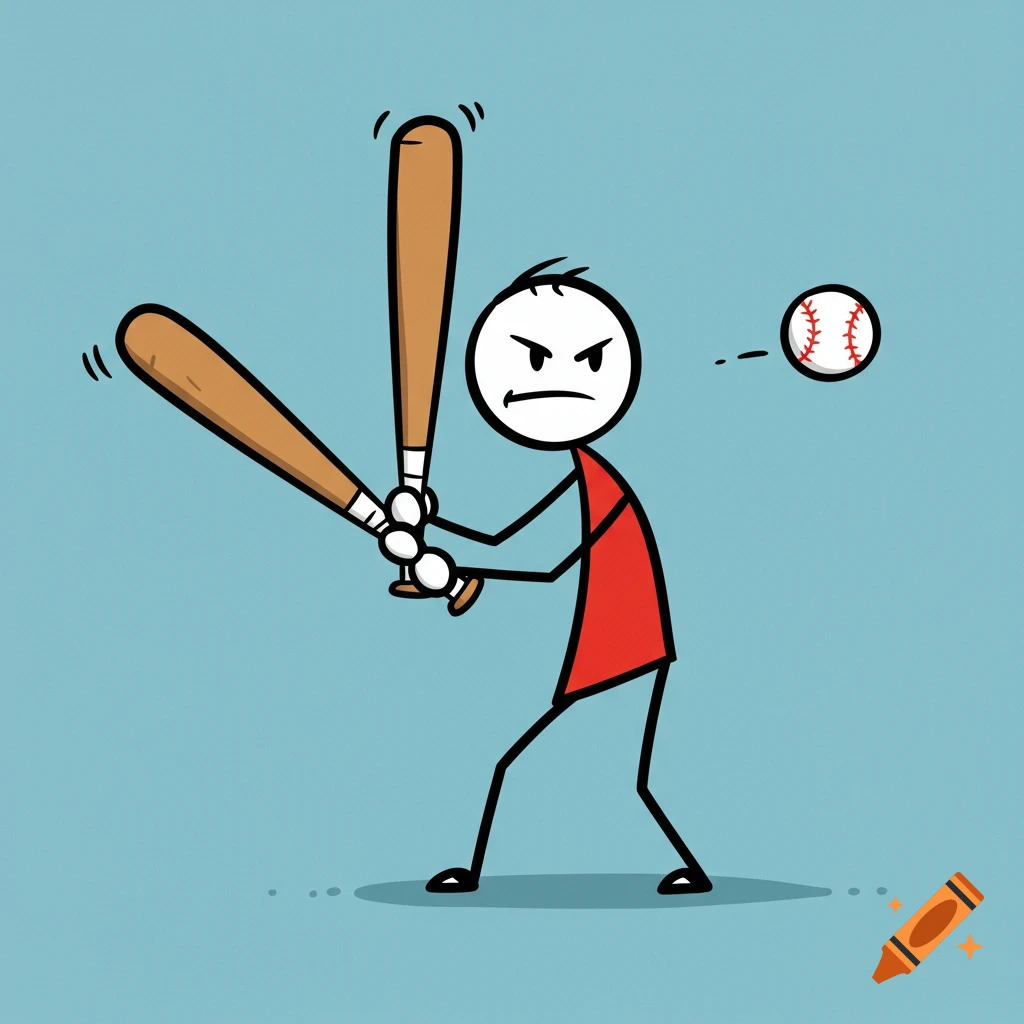 A stick figure in a red shirt holds two baseball bats ready to hit a baseball in a simple cartoon style.