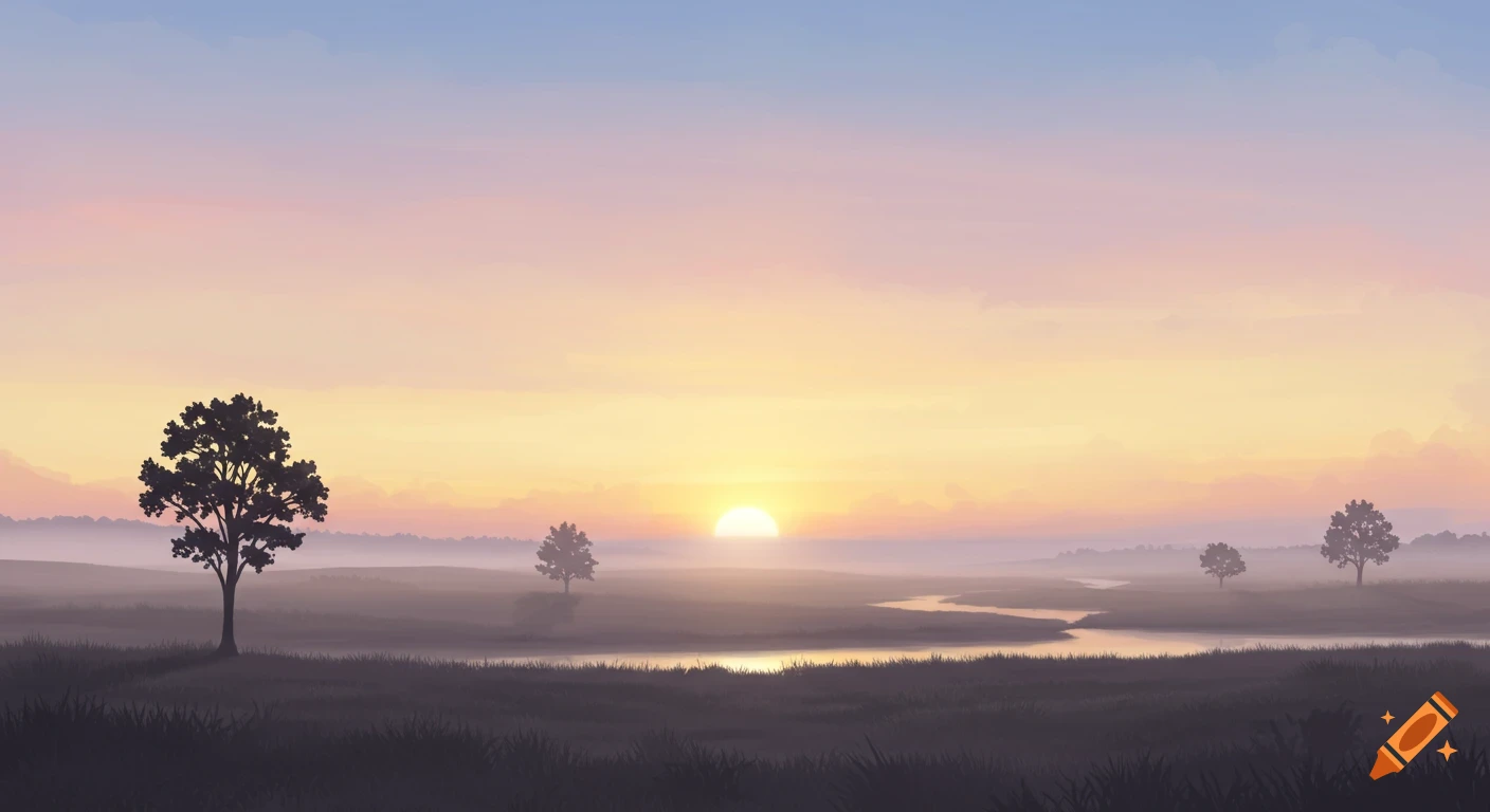 A foggy landscape with a river at sunrise, silhouetted trees.