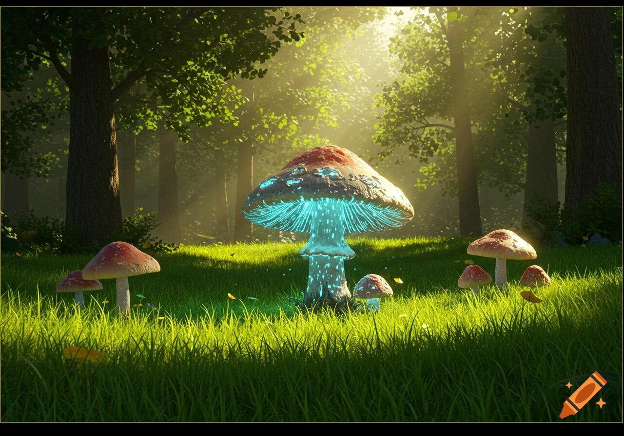A giant glowing mushroom stands in a sunlit forest clearing surrounded by smaller red-capped mushrooms.