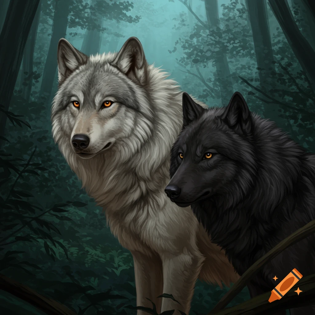 Digital art of a grey wolf and a black wolf standing together in a dark forest.