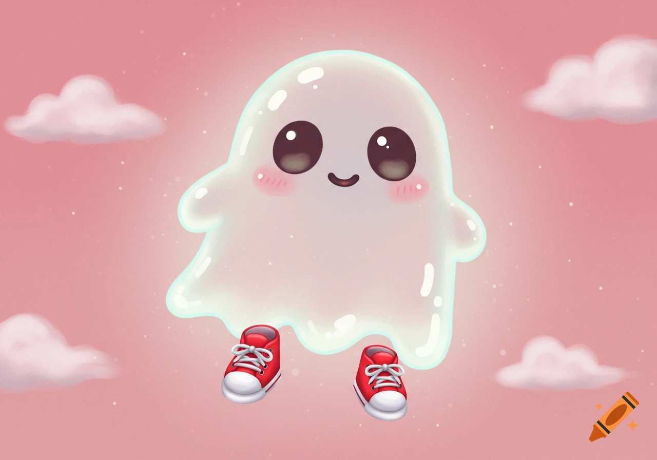A cute cartoon ghost floating in a pink sky wearing red sneakers.