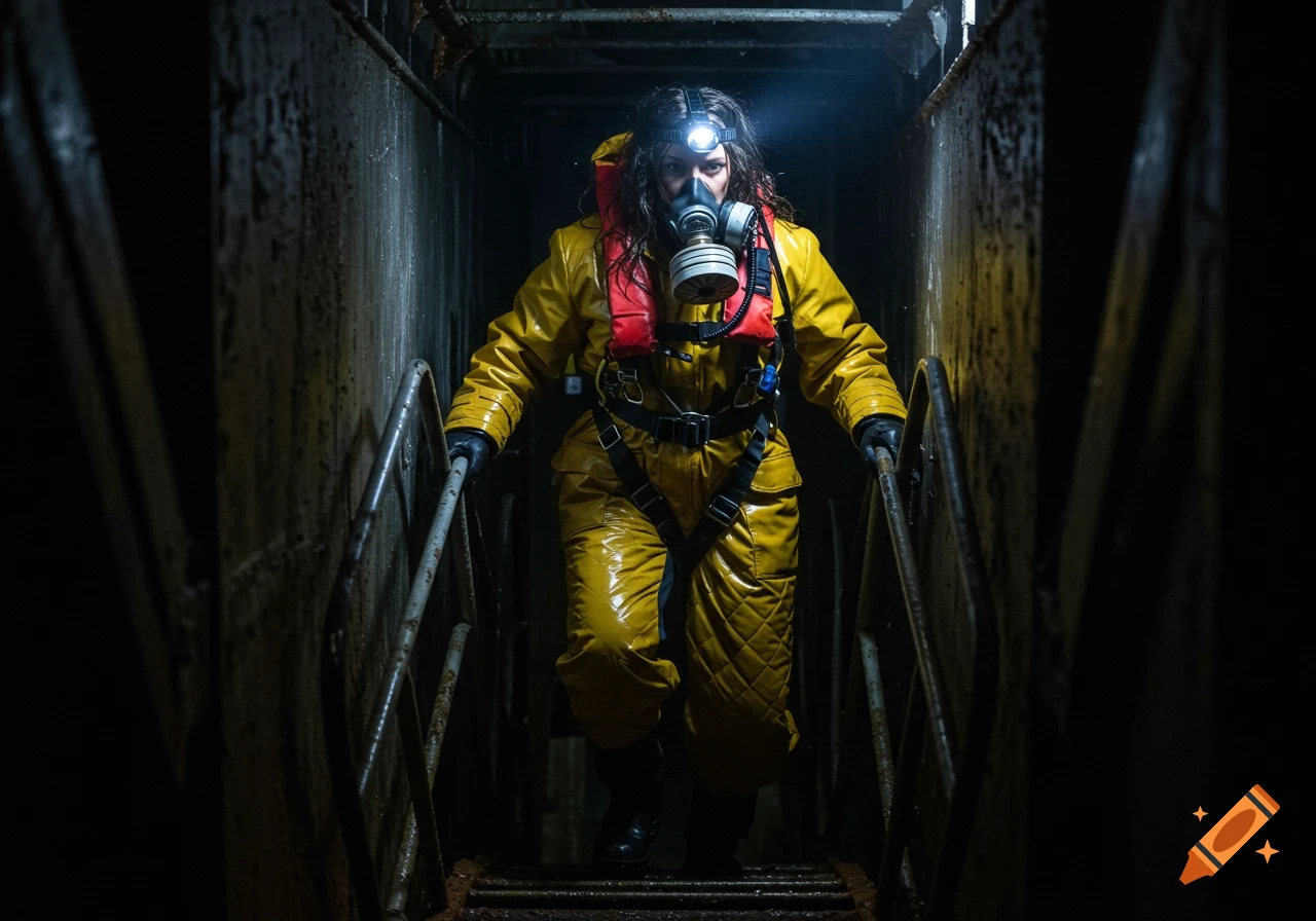 Person in yellow hazmat suit and gas mask descends dark, rusty stairs.