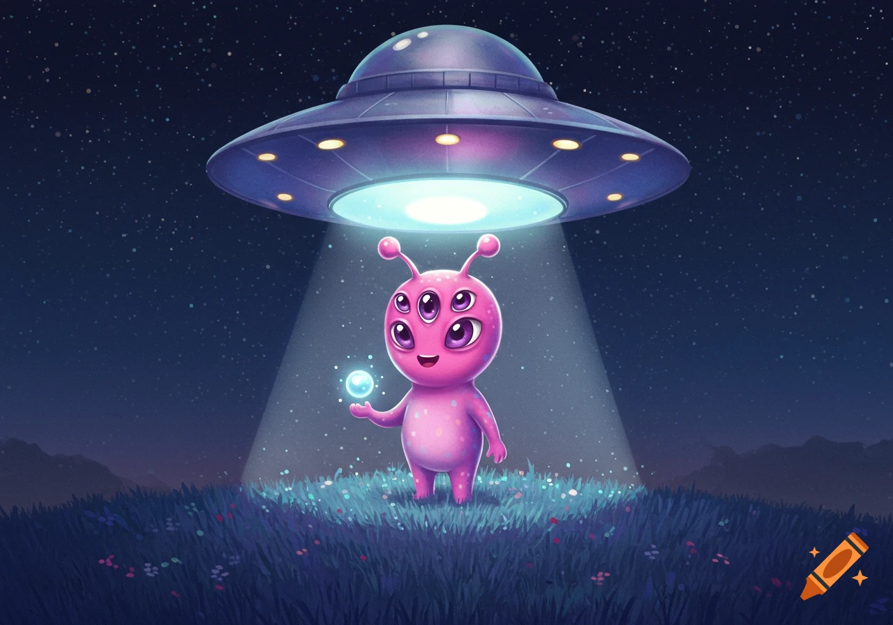 A cute pink alien with six eyes stands under a UFO beam in a grassy field at night.