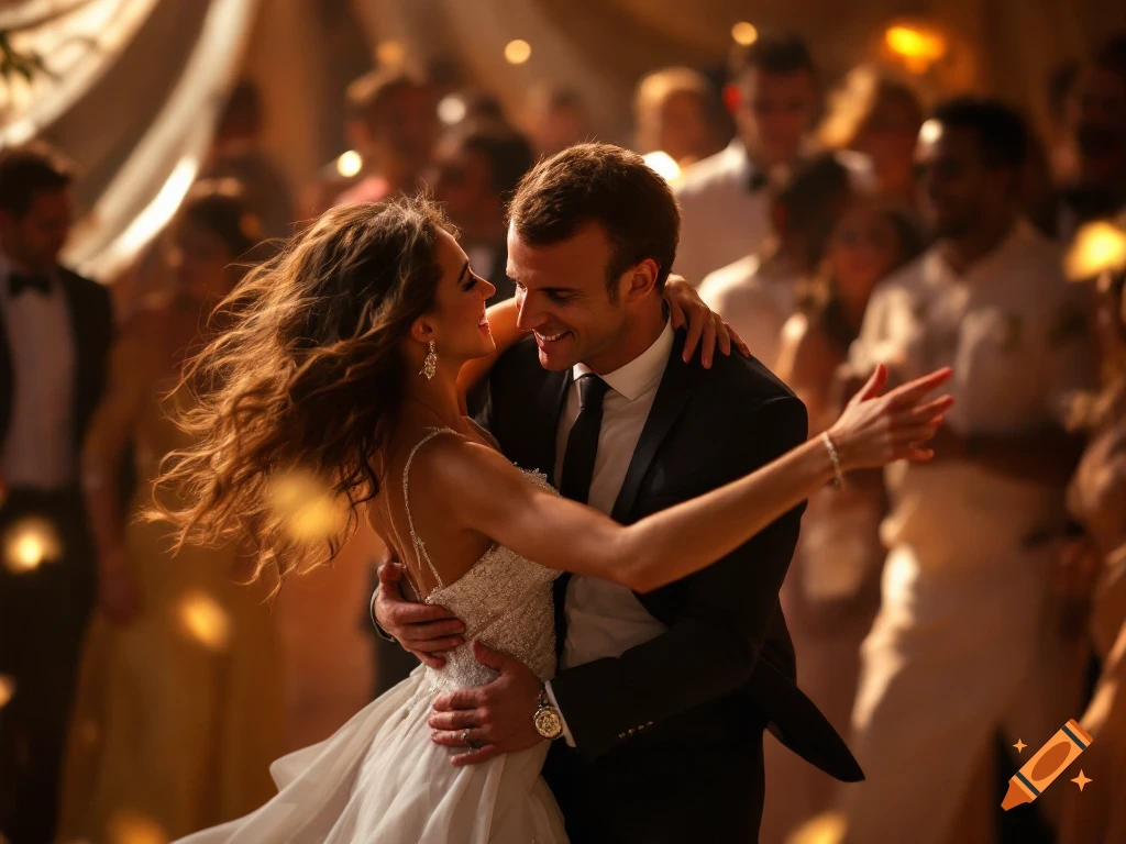Couple dancing close in a warm, blurry, crowded party scene. Woman in white dress, man in suit. Photorealistic style.