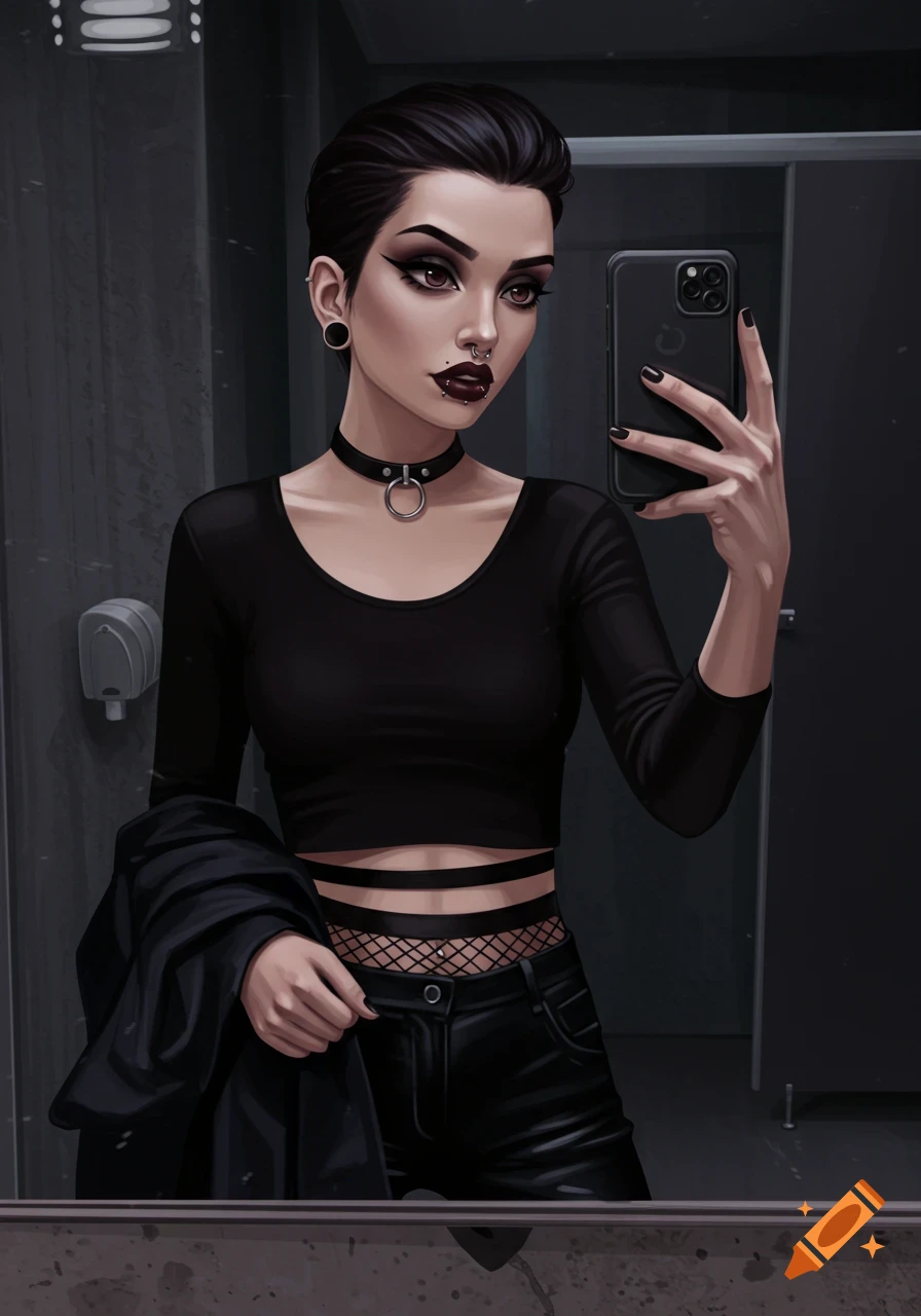 Goth woman with short dark hair and piercings taking a selfie in a bathroom.