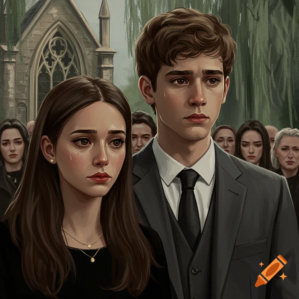 Two young people cry at a funeral, others stand behind them, with a church building in the background.