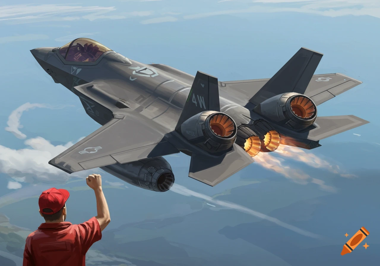 Digital art of a stylized fighter jet flying over a cheering person in a red hat.