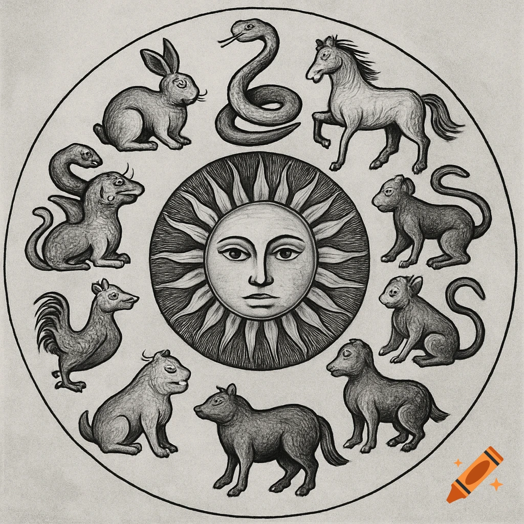 Black and white drawing of zodiac animals arranged in a circle around a sun with a face.