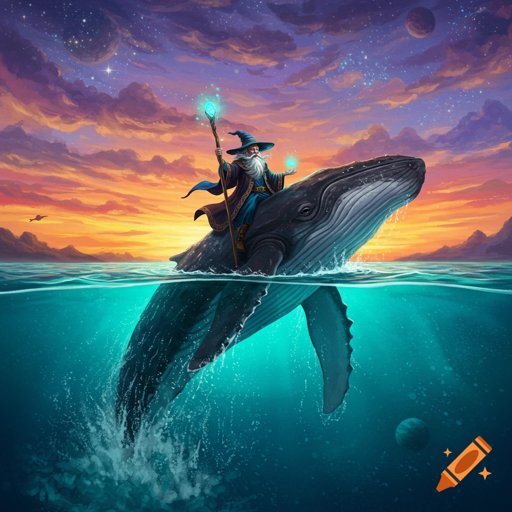 A wizard rides on the back of a large whale surfacing from the ocean under a cosmic sunset sky.