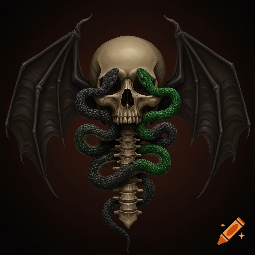 Illustration of a human skull and spine with entwined snakes and batwings.