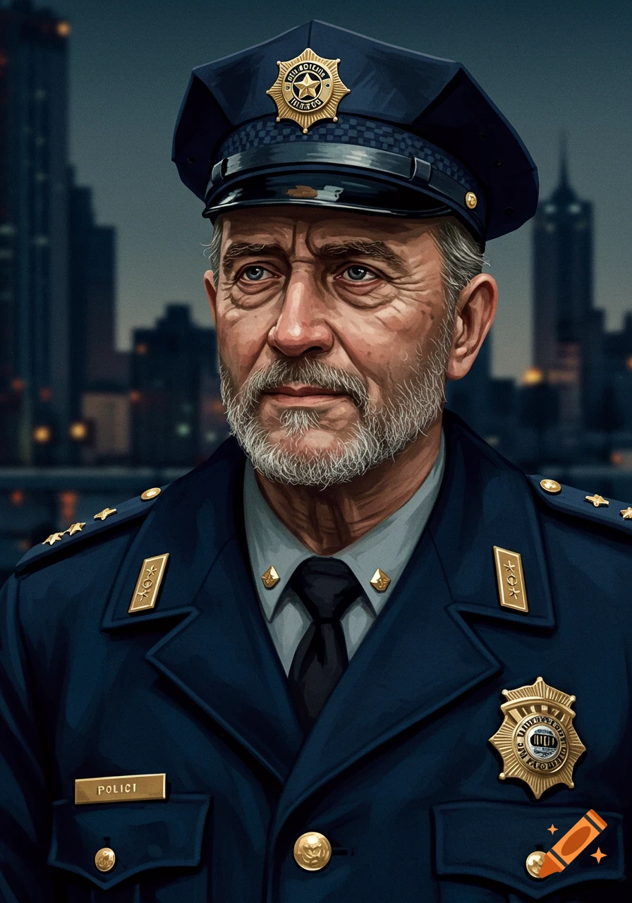 A detailed portrait of an older police officer in dark blue uniform and hat, with a blurred city skyline in the background.