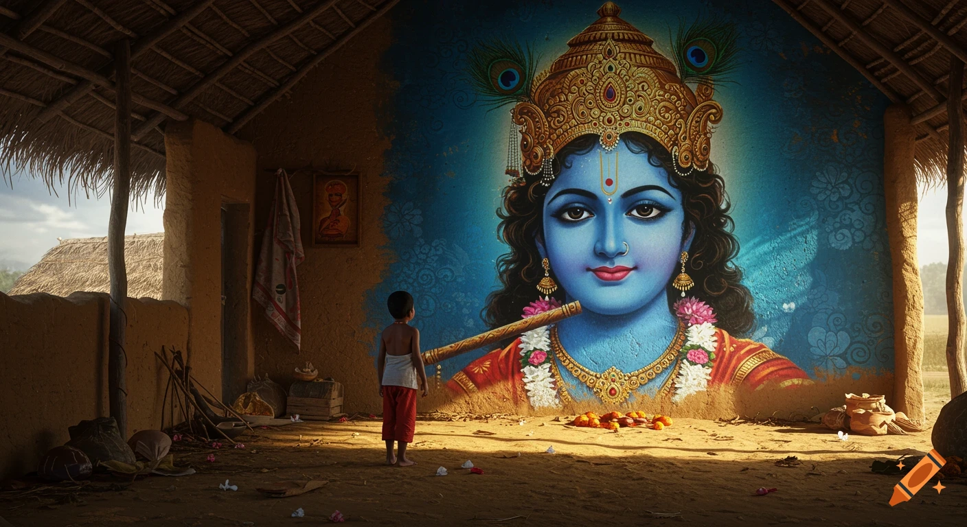 Young boy views a large mural of Lord Krishna in a rural hut. Digital painting.