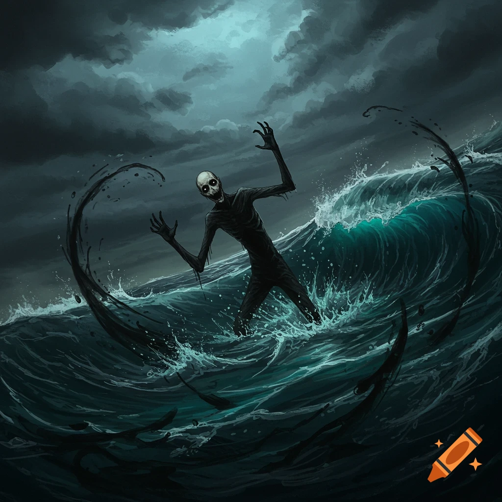 Skeletal figure with glowing eyes in dark, stormy ocean waves.
