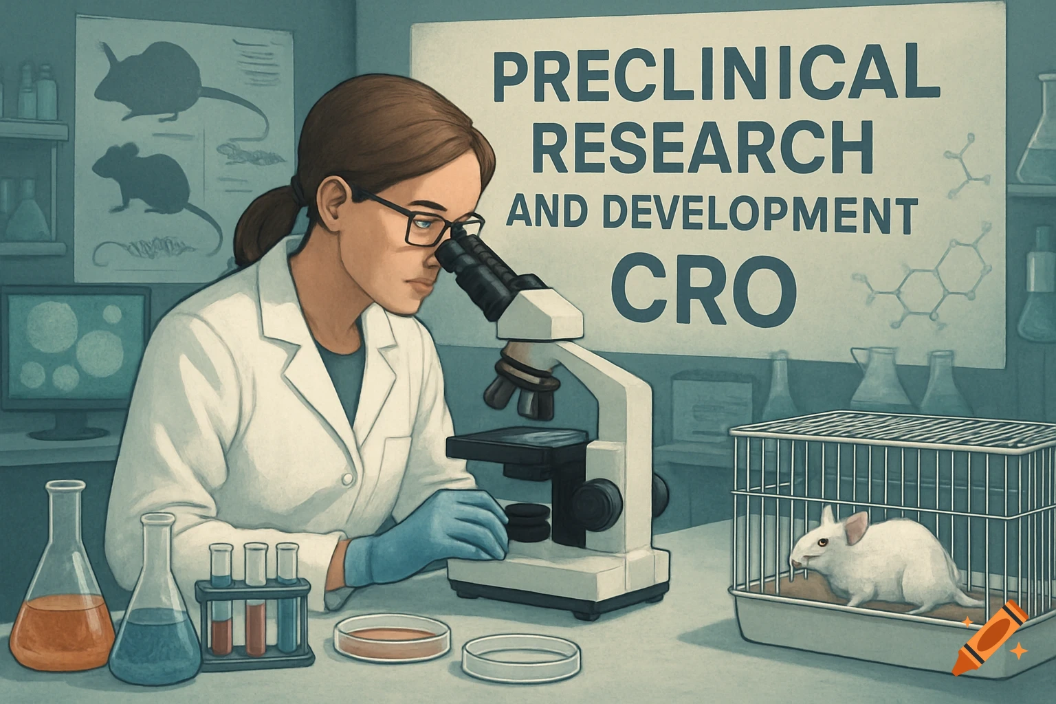 Illustrative depiction of a female researcher looking through a microscope in a lab with a mouse in a cage and a sign.