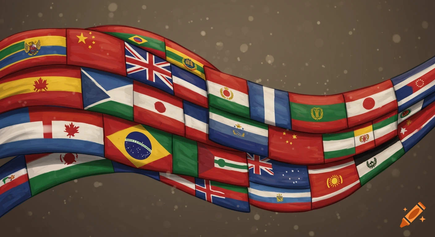 A wavy banner composed of many different country flags.
