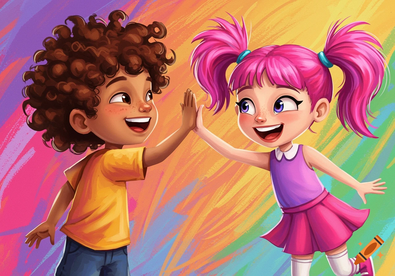 Cartoon illustration of two happy children high-fiving against a colorful background.