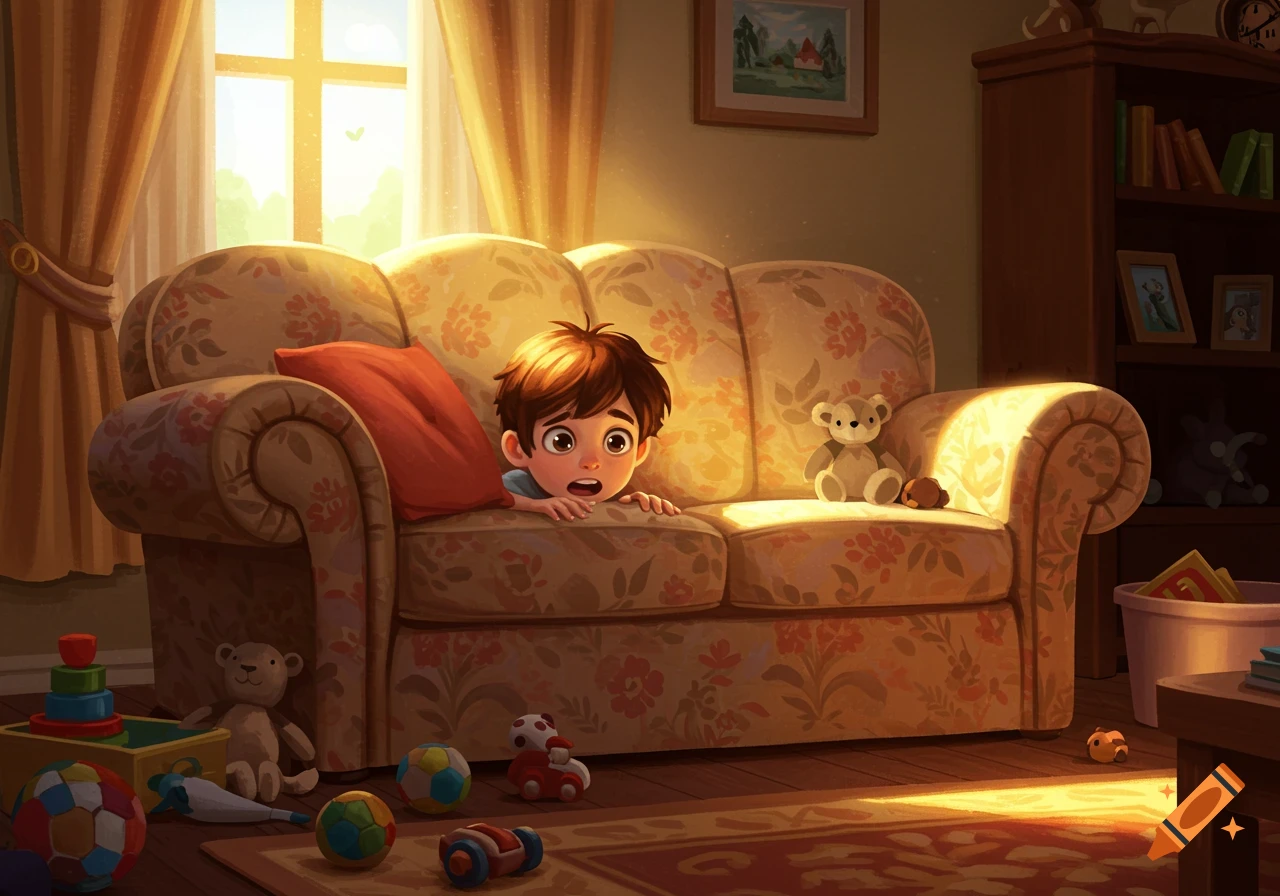 Cartoon illustration of a young boy peering over the back of a floral couch, surrounded by toys in a sunlit living room.