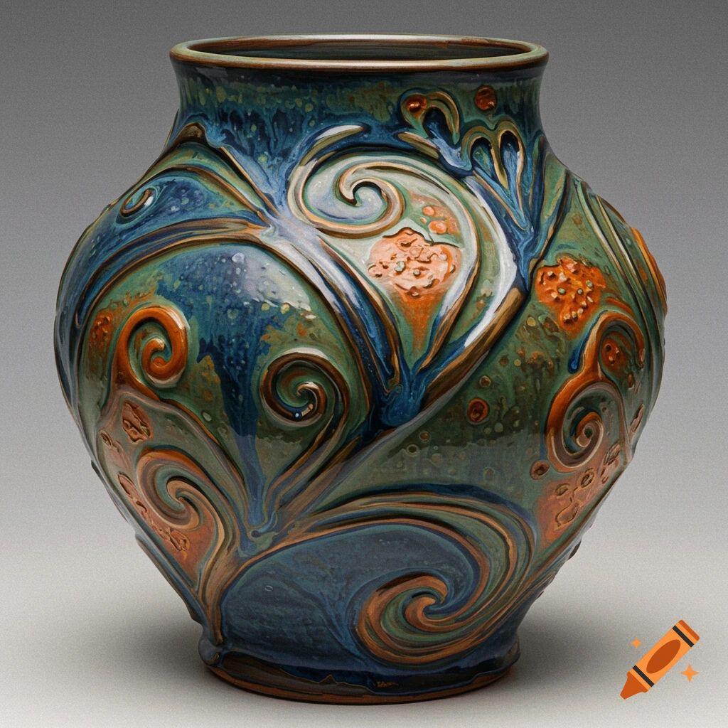 Raku pottery vase with art nouveau patterns and textured glaze in blue, green, and orange.