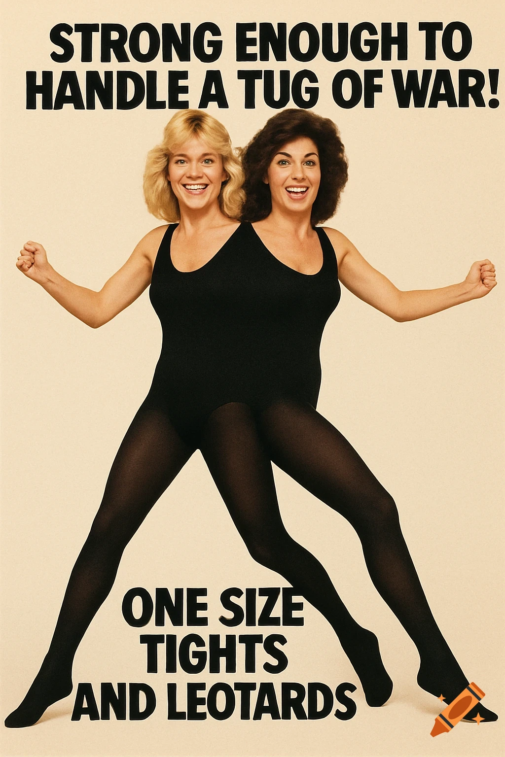 Vintage poster showing two women merged into one body, pulling away from each other, advertising one size tights and leotards.