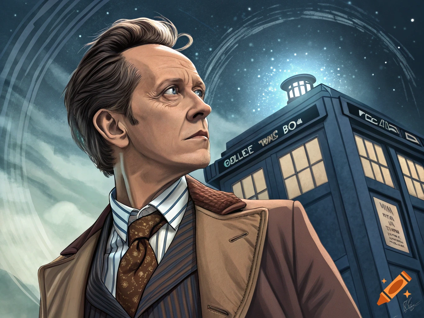 Illustration of a man resembling Richard E. Grant standing in front of the TARDIS under a starry sky.