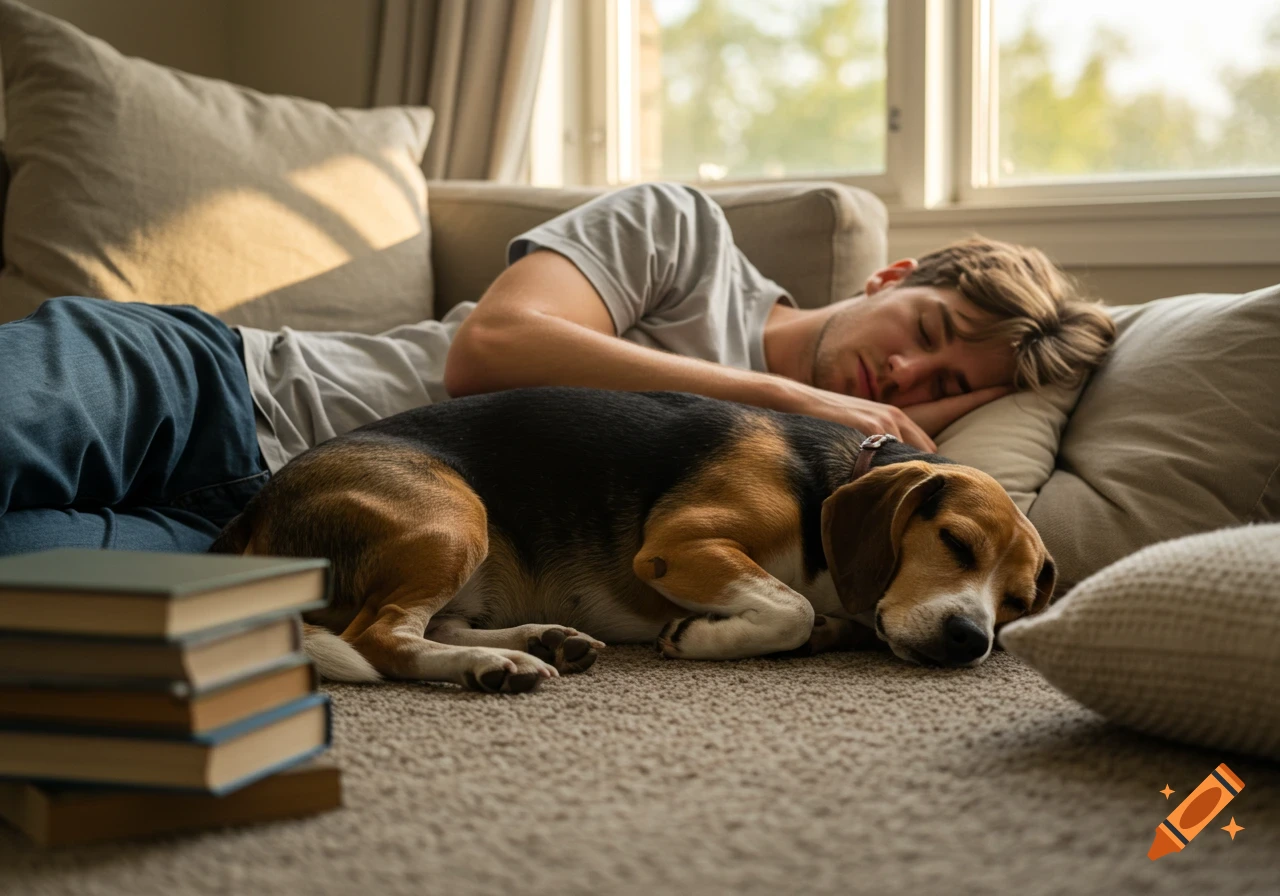 A man and a beagle dog nap together on a couch. Photorealistic.