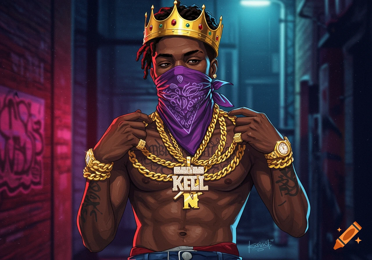 Illustration of a man wearing a crown, purple bandana mask, gold chains, and tattoos, in a street setting.