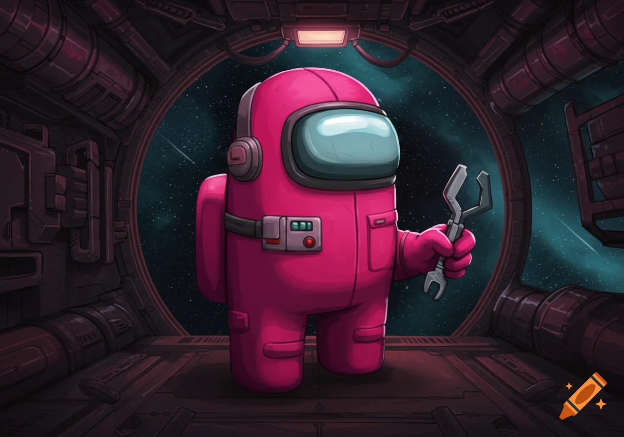 Pink Among Us character holding a wrench in a spaceship looking at stars.