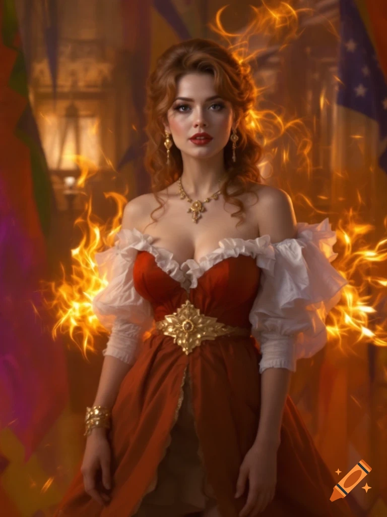 A woman in a red and white off-the-shoulder dress with a gold belt stands surrounded by glowing energy indoors.