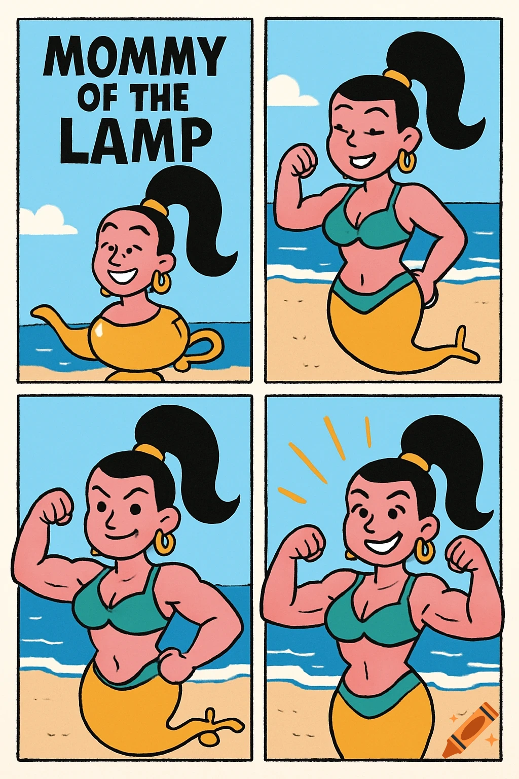 A cartoon comic strip shows a character with a genie's lamp base instead of legs, flexing muscles at the beach.