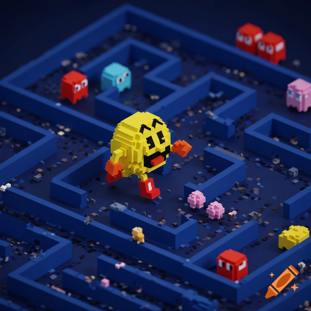 Voxel art rendering of Pac-Man running in a maze with ghosts and pellets.