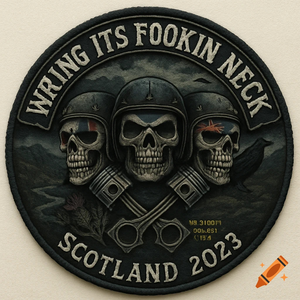 A circular patch design with three skulls in motorcycle helmets, crossed pistons, and text 'WRING ITS FOOKIN NECK SCOTLAND 2023'.