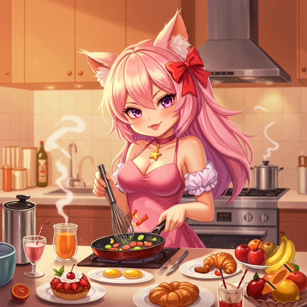 Anime catgirl character cooking brunch in a kitchen