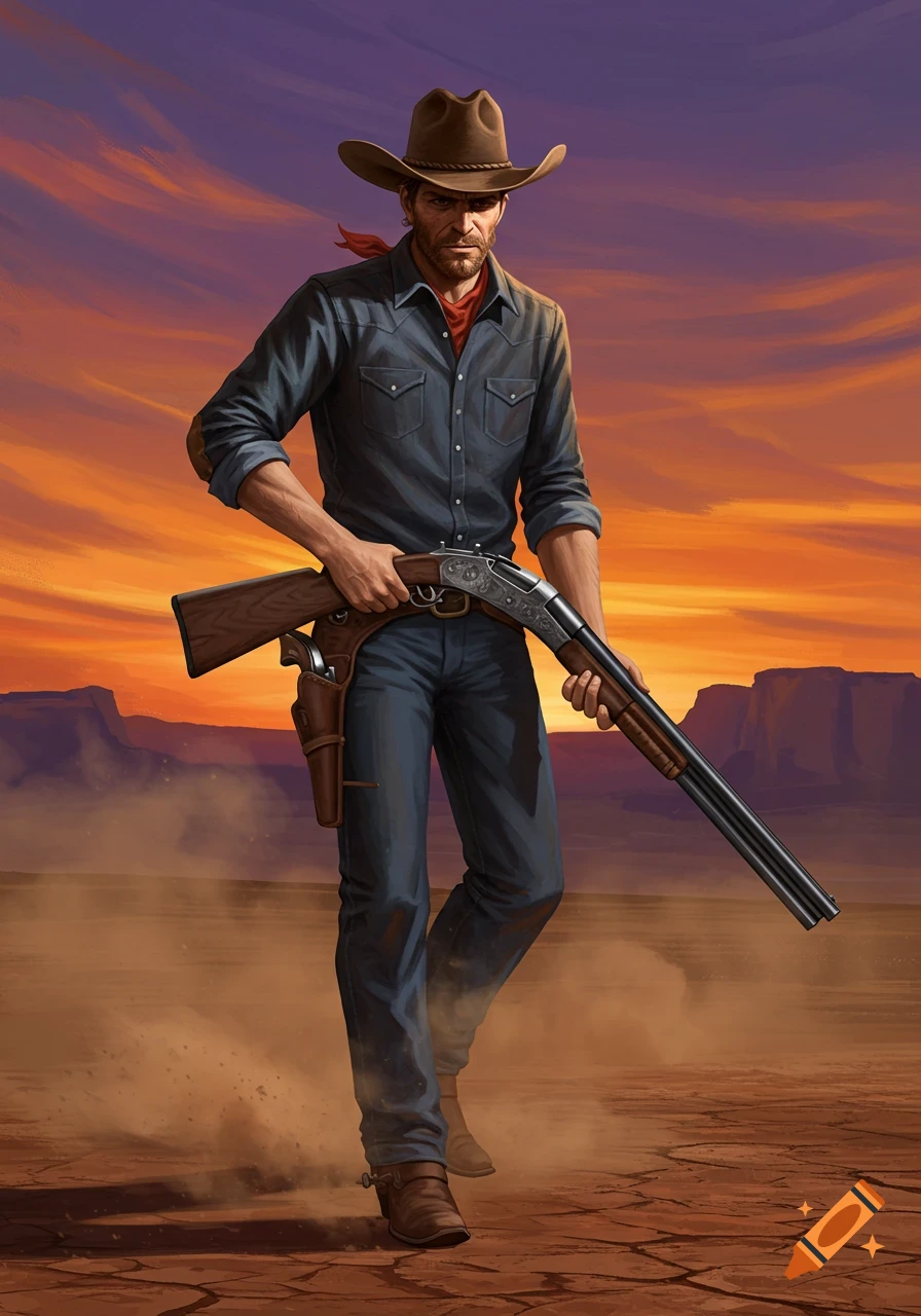 A cowboy holding a shotgun walks in a desert landscape under a sunset ...