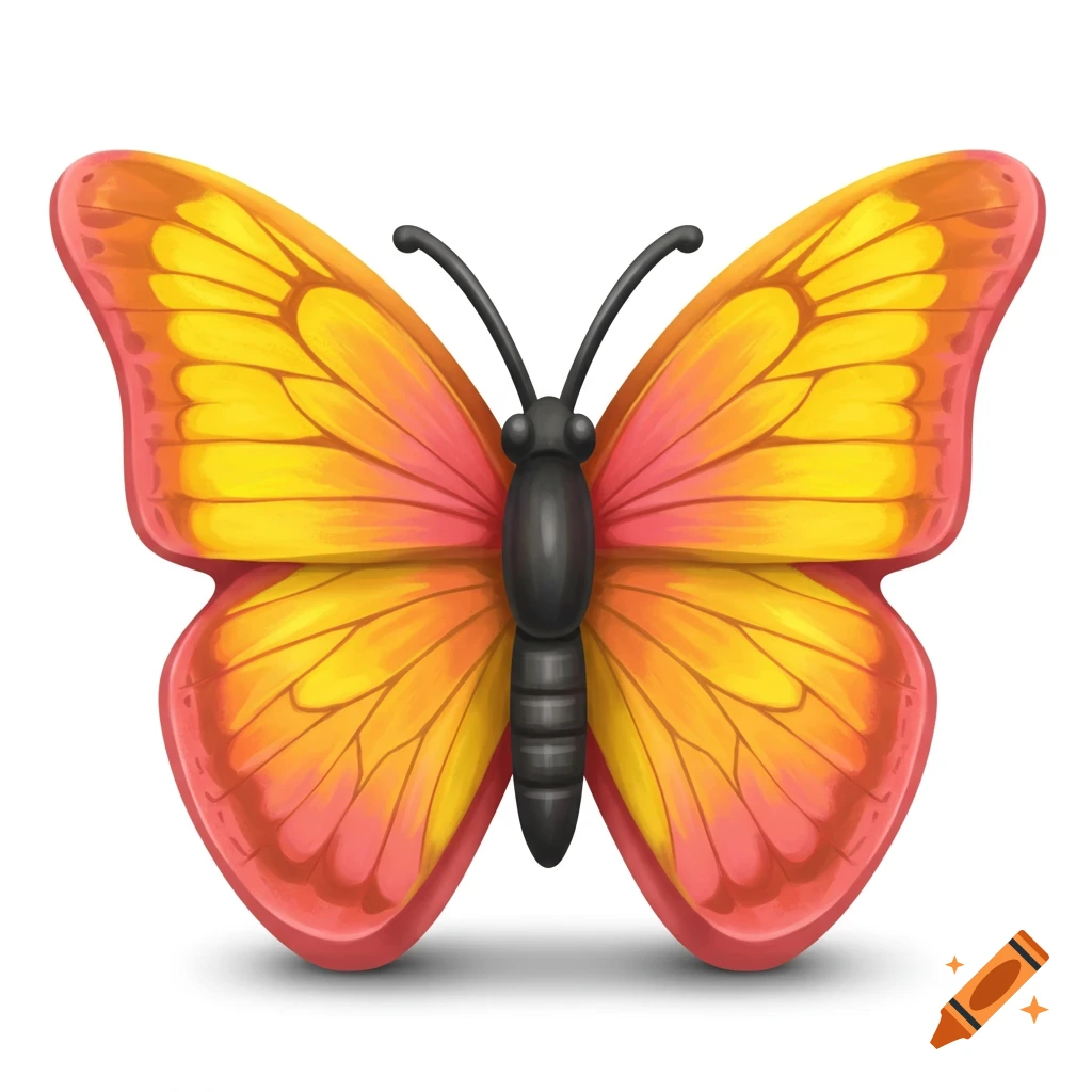 Stylized yellow and orange butterfly with pink edges and black body.