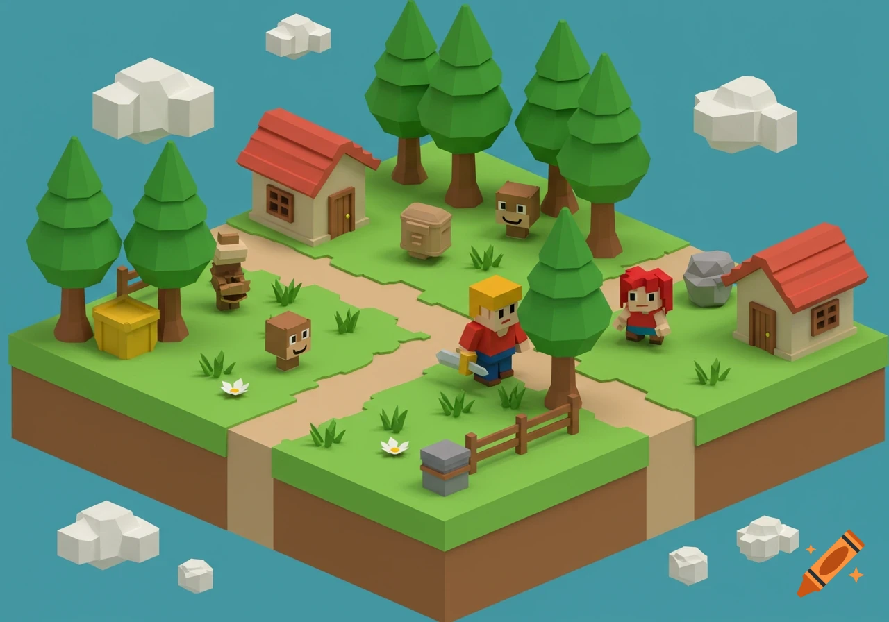 Isometric low-poly 3D game scene with blocky characters, houses, trees, and clouds.
