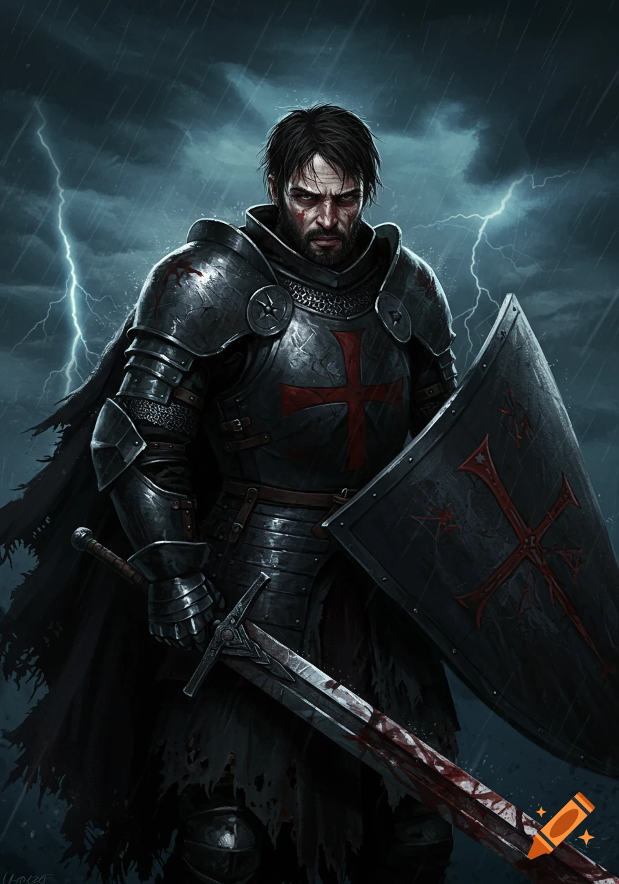 A dark crusader knight in blood-splattered armor stands in the rain during a lightning storm.