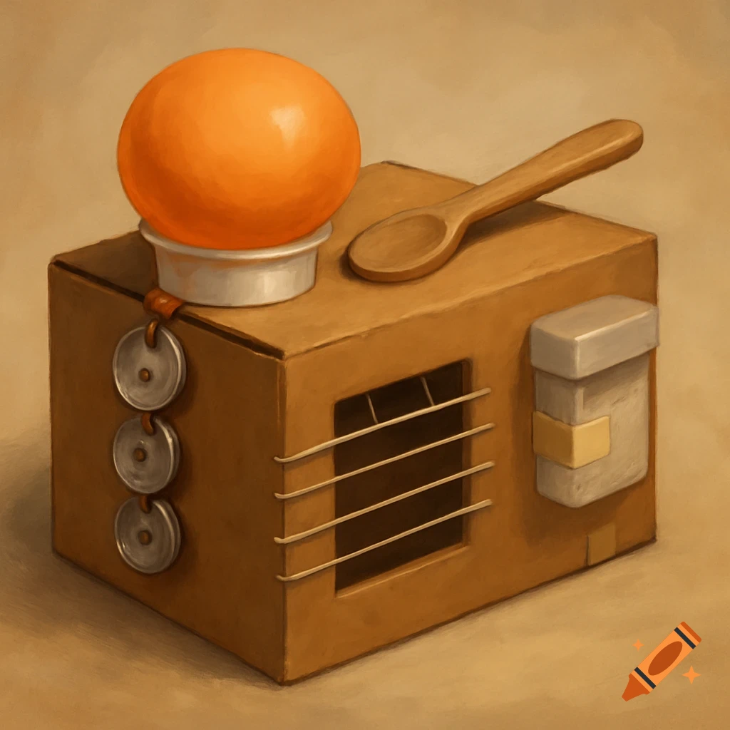Painterly illustration of a DIY cardboard box percussion instrument with an orange balloon drum and spoon.