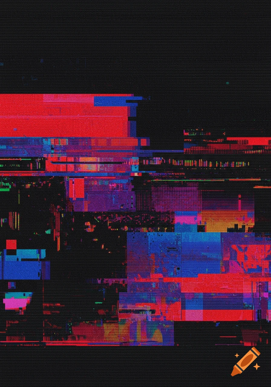 Abstract digital glitch pattern with red, blue, and purple blocks on black.