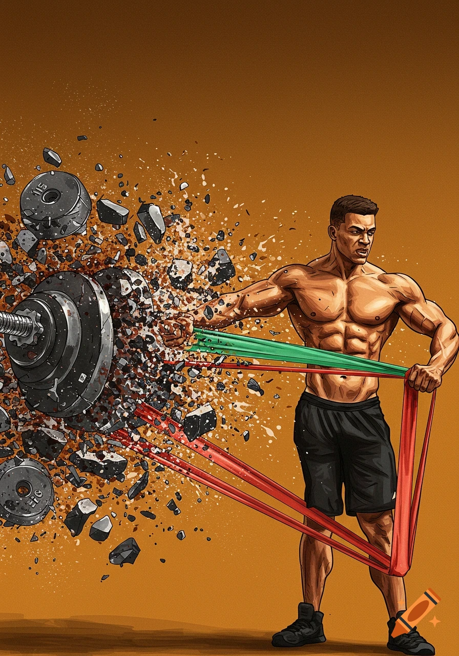 Illustration of a muscular man pulling resistance bands as weights explode from a barbell