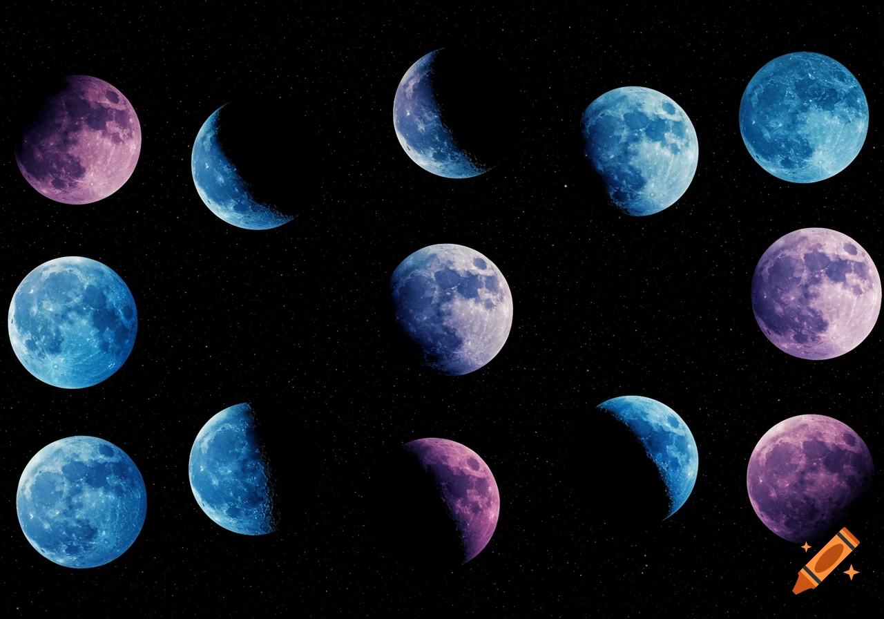 A grid displays twelve moons in various phases and colors against a starry black background.