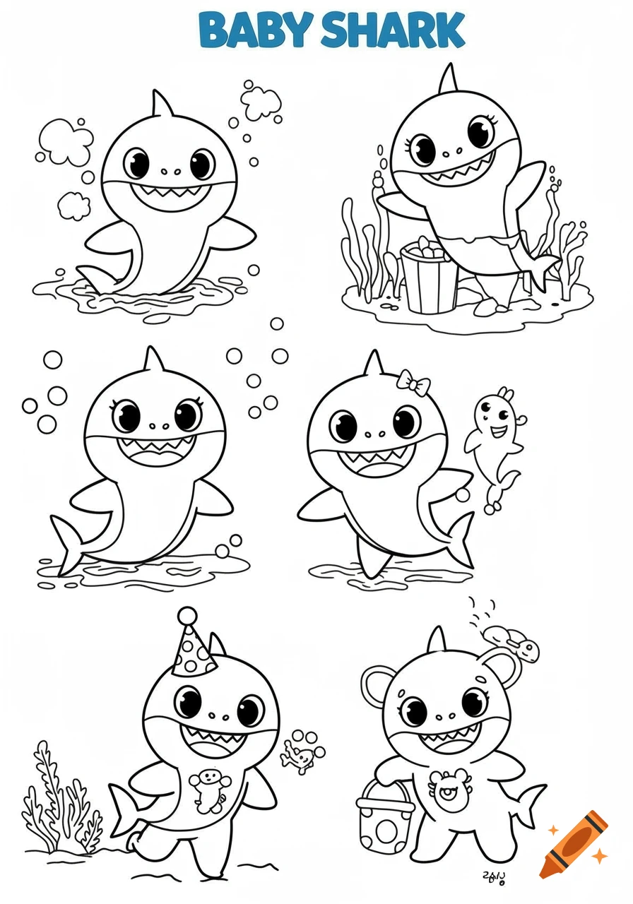 Black and white coloring page showing multiple drawings of Baby Shark characters.