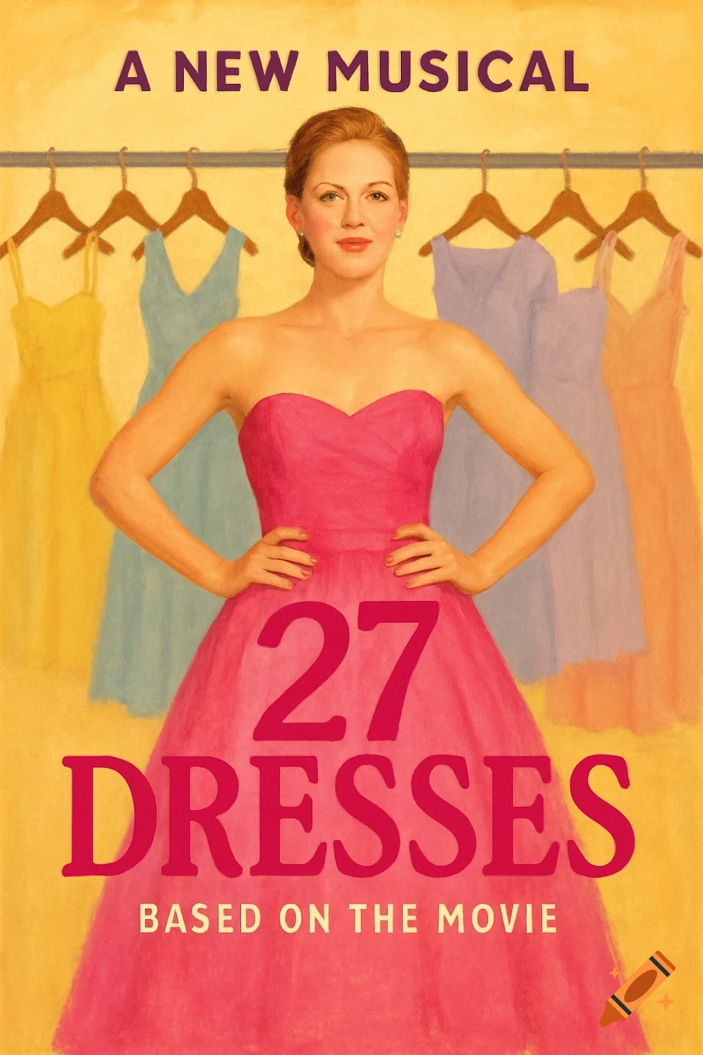 Poster for '27 Dresses' musical showing a woman in a pink dress and other dresses on hangers, text 'A NEW MUSICAL', '27 DRESSES', 'BASED ON THE MOVIE'.
