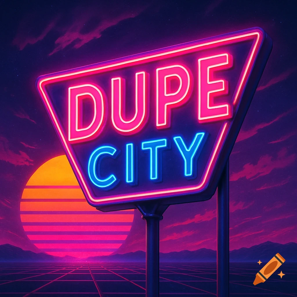 A neon sign reading 'Dupe City' in a retrowave landscape with a grid ground and setting sun.