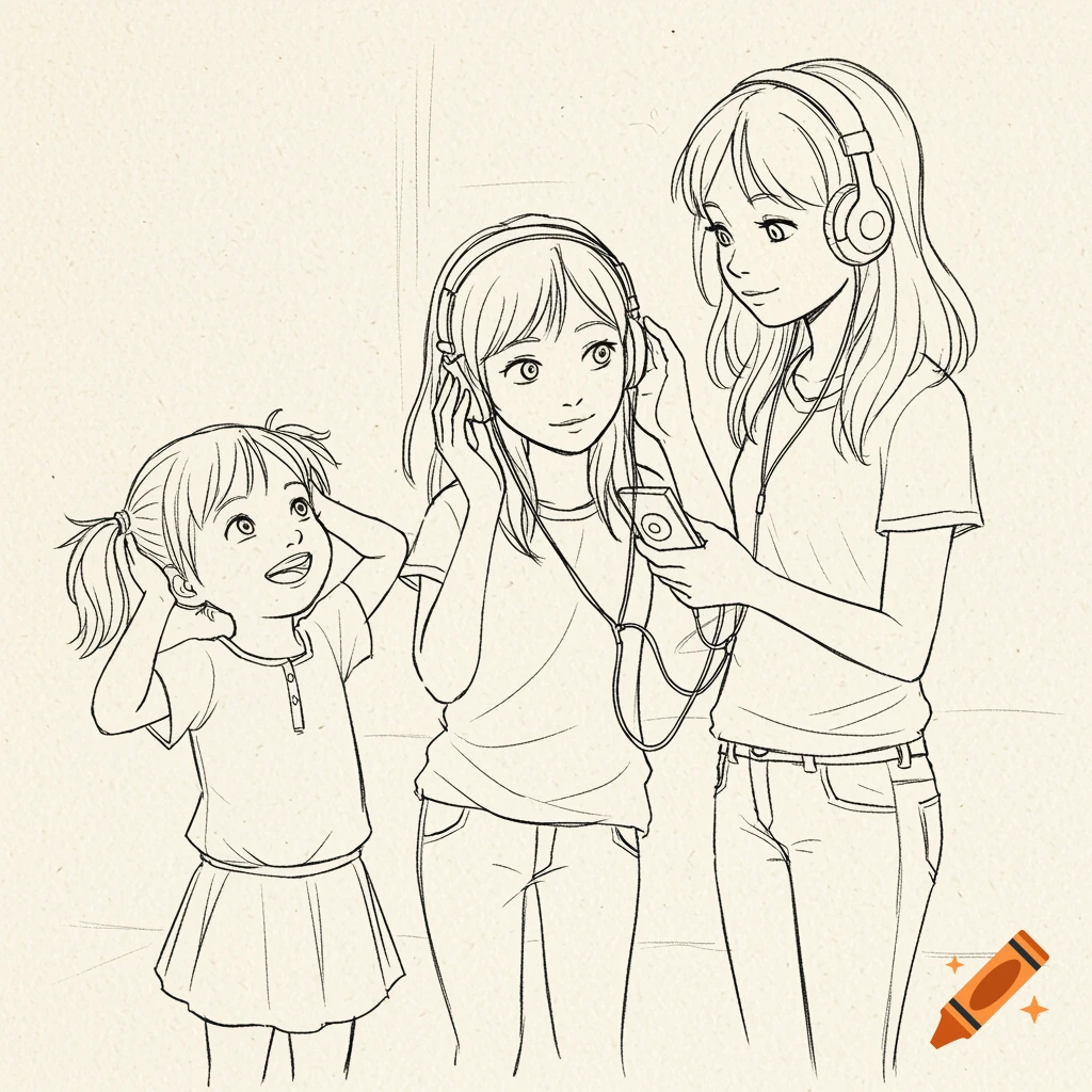 Three girls of different ages listening to music with headphones, line drawing.