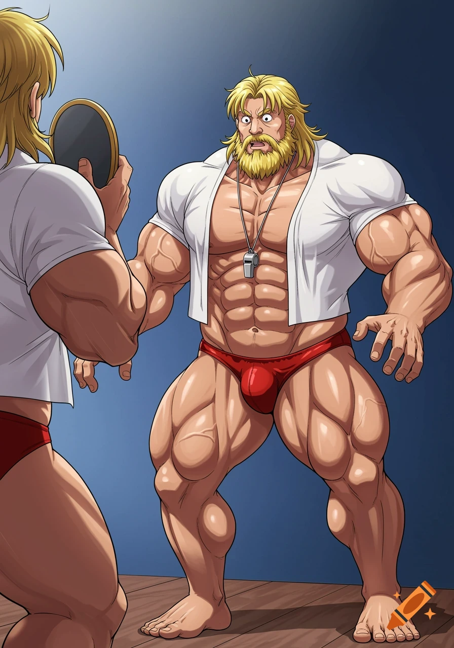 An anime-style image of a shocked, muscular blonde man in a red Speedo and white shirt flexing in a mirror.