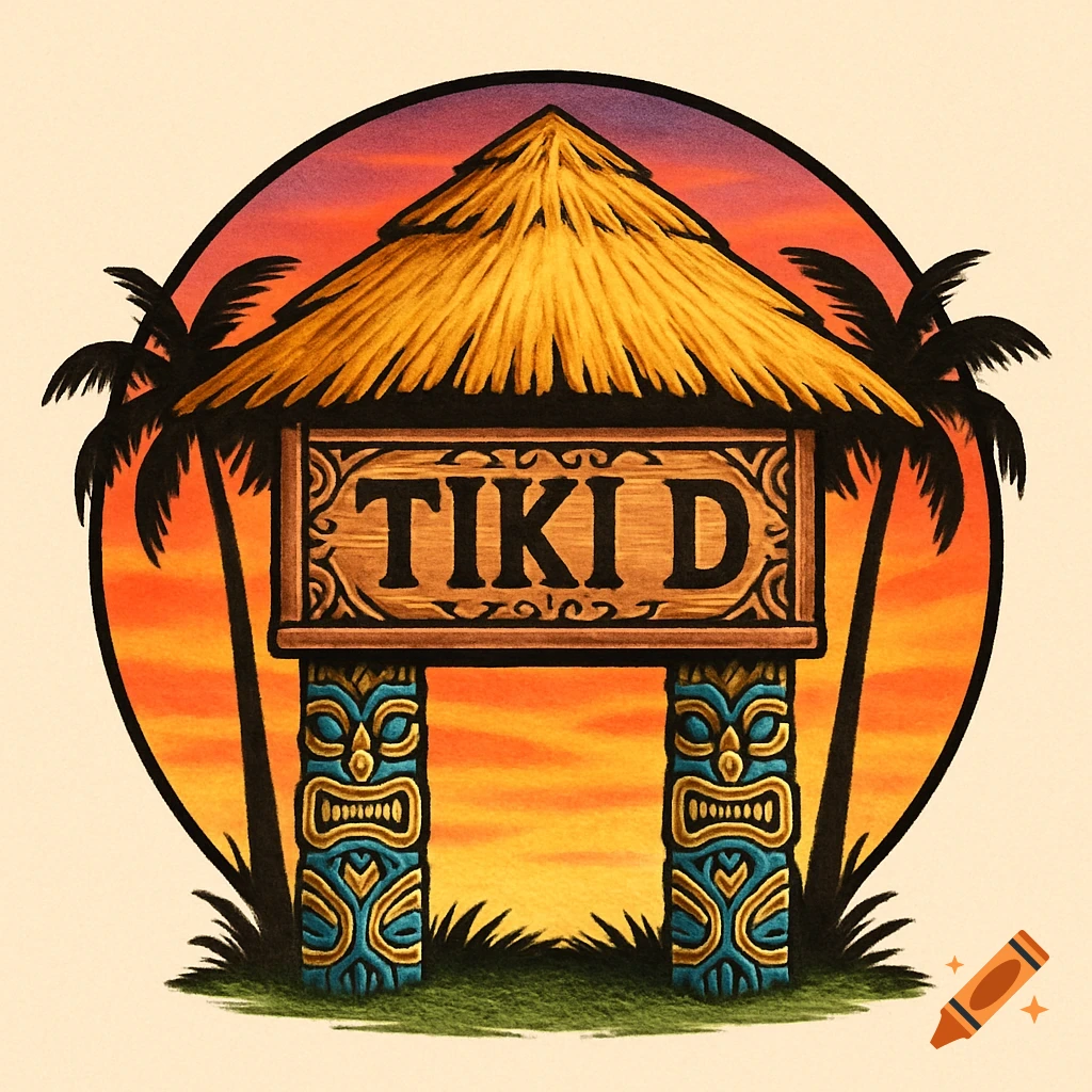 A tiki entrance logo with a thatched roof, a sign reading "TIKI D", totem pole supports, palm trees, and a sunset background.